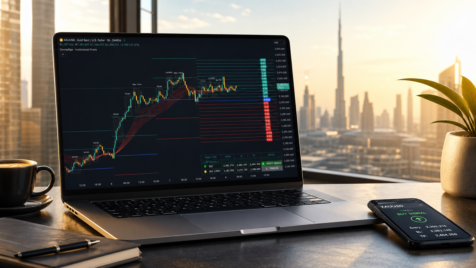 GannAlgo on a laptop with Dubai skyline